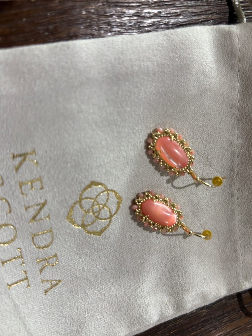 Kendra Scott Coral Pink Oval Drop Earrings with Gold Accents